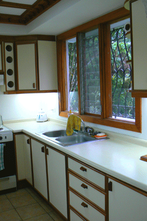 The modern kitchen has lots of storage area and its own pretty views. 